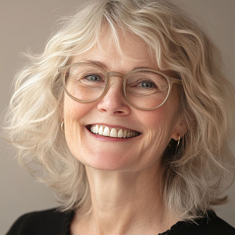 A happy, blonde older woman with refined glasses